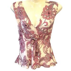 AnneCarson TankTop Women M Floral Chiffon 100%Silk Sleeveless Babydoll Fairy Y2K